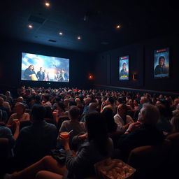Inside a cinema hall filled with people watching a movie, dimly lit atmosphere with the glow from the screen illuminating the audience's faces