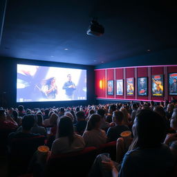 Inside a cinema hall filled with people watching a movie, dimly lit atmosphere with the glow from the screen illuminating the audience's faces