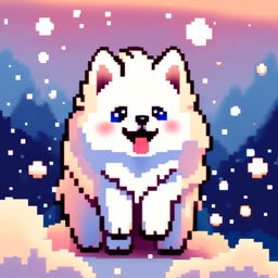 Pixel art PFP of a fluffy Samoyed with a pure white coat, sparkling blue eyes, and a joyful expression against a gradient snowy background