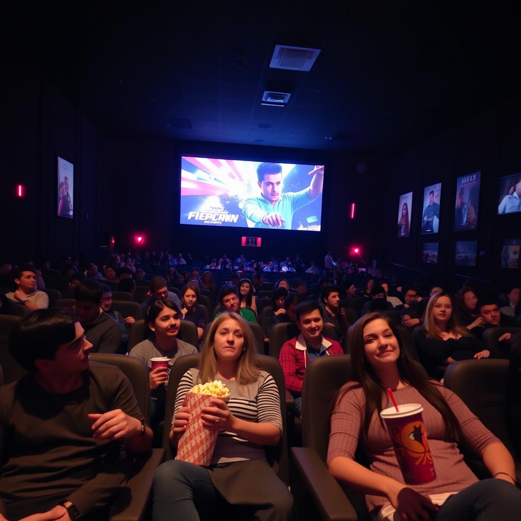 Inside a cinema hall filled with people watching a movie, dimly lit atmosphere with the glow from the screen illuminating the audience's faces