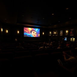 A cozy cinema hall at night, featuring dim lighting and comfortable seats arranged in tiers