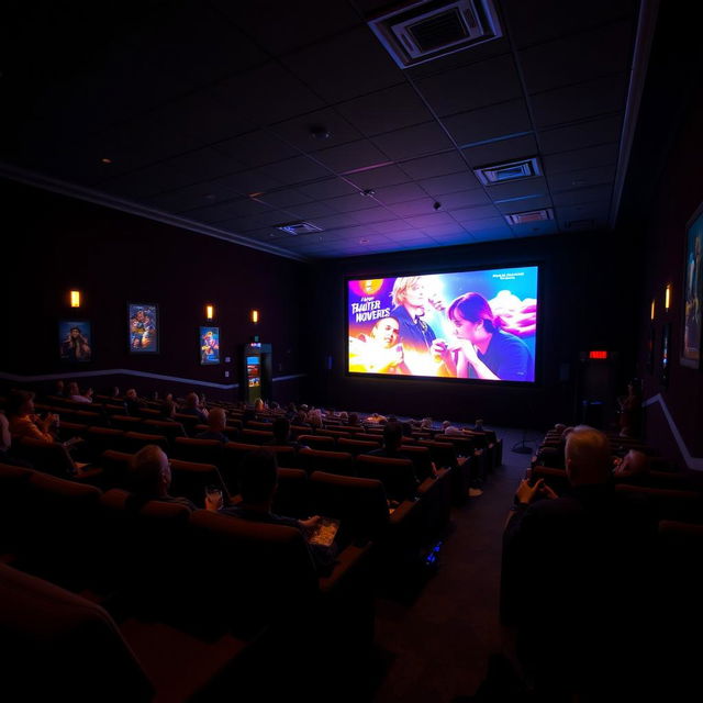 A cozy cinema hall at night, featuring dim lighting and comfortable seats arranged in tiers