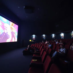 A cozy cinema hall at night, featuring dim lighting and comfortable seats arranged in tiers