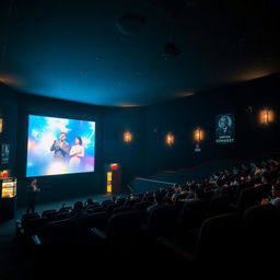 A cozy cinema hall at night, featuring dim lighting and comfortable seats arranged in tiers