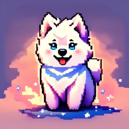 Pixel art PFP of a fluffy Samoyed with a pure white coat, sparkling blue eyes, and a joyful expression against a gradient snowy background