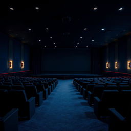 An empty, spacious cinema hall at night, showcasing rows of plush seating and a large, black movie screen at the front