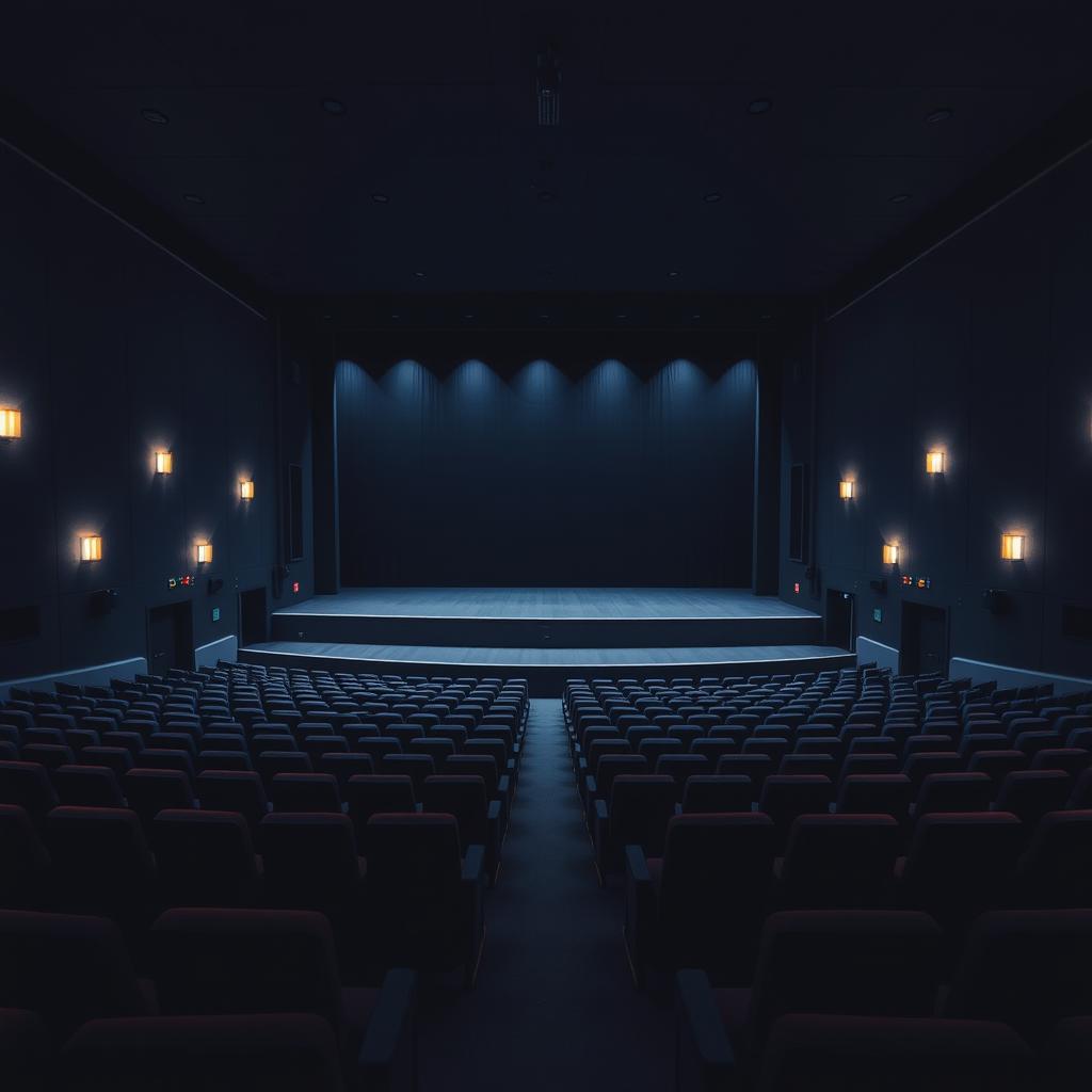 An empty, spacious cinema hall at night, showcasing rows of plush seating and a large, black movie screen at the front