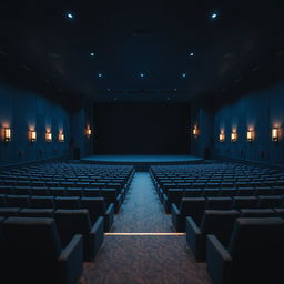 An empty, spacious cinema hall at night, showcasing rows of plush seating and a large, black movie screen at the front