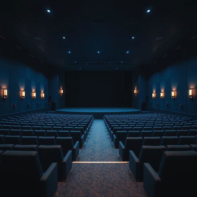 An empty, spacious cinema hall at night, showcasing rows of plush seating and a large, black movie screen at the front