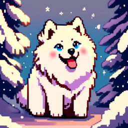 Pixel art PFP of a fluffy Samoyed with a pure white coat, sparkling blue eyes, and a joyful expression against a gradient snowy background