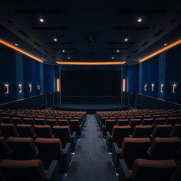 An empty, spacious cinema hall at night, showcasing rows of plush seating and a large, black movie screen at the front