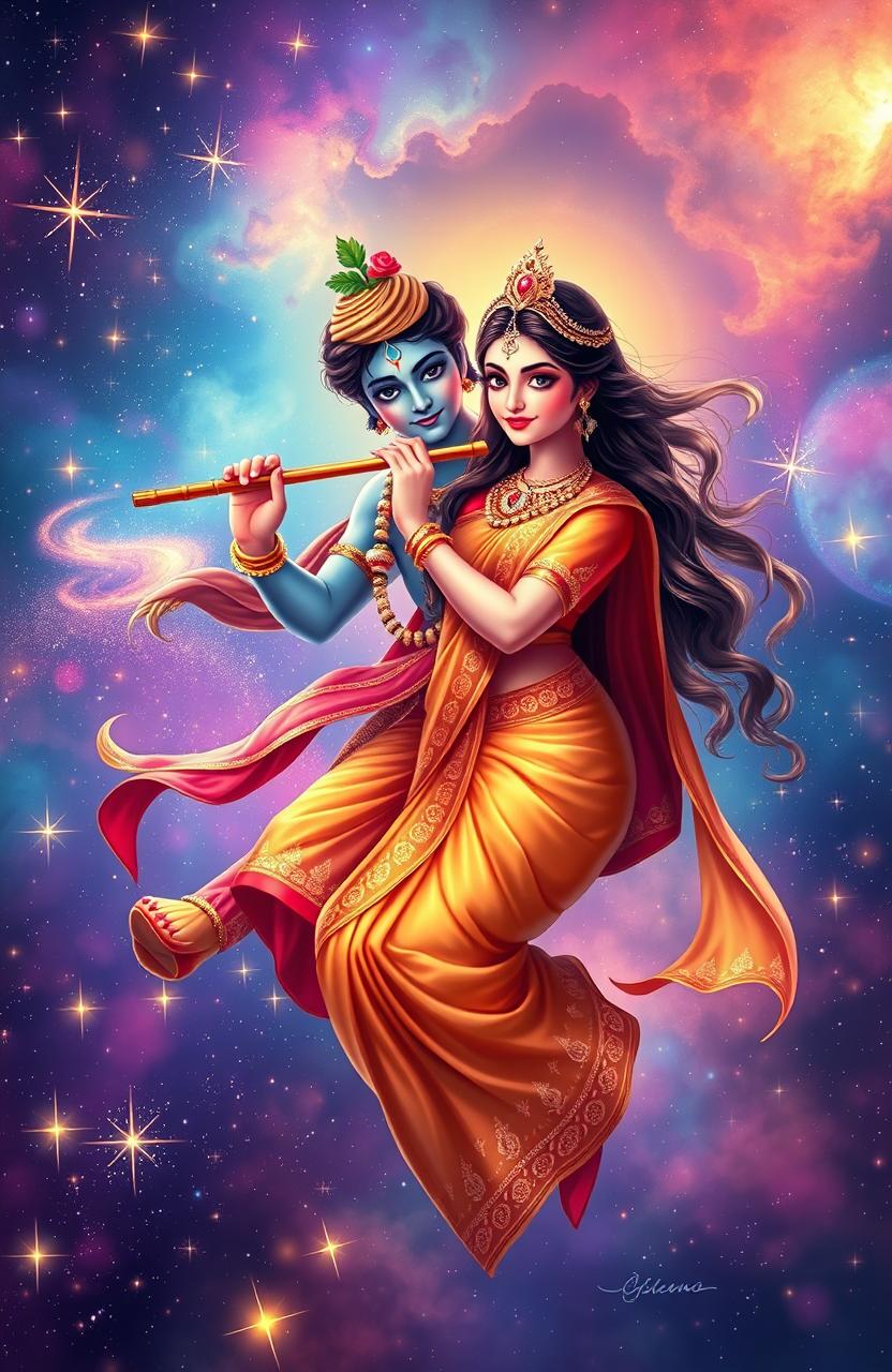 A mesmerizing digital illustration of Radha and Krishna in a celestial universe filled with vibrant colors