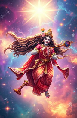 A mesmerizing digital illustration of Radha and Krishna in a celestial universe filled with vibrant colors