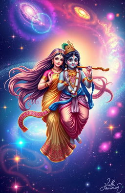 A mesmerizing digital illustration of Radha and Krishna in a celestial universe filled with vibrant colors