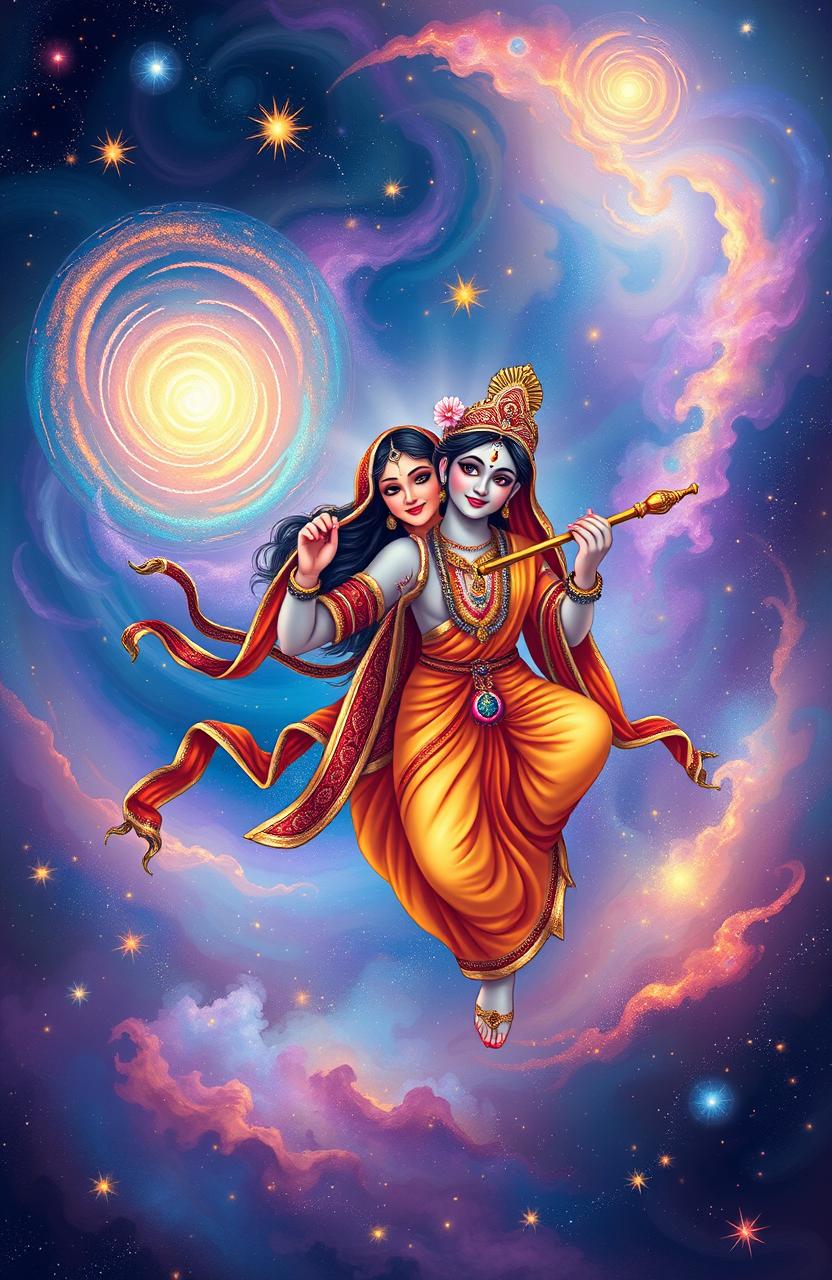 A beautiful illustration of Radha and Krishna floating in a cosmic universe filled with swirling galaxies, colorful nebulae, and sparkling stars