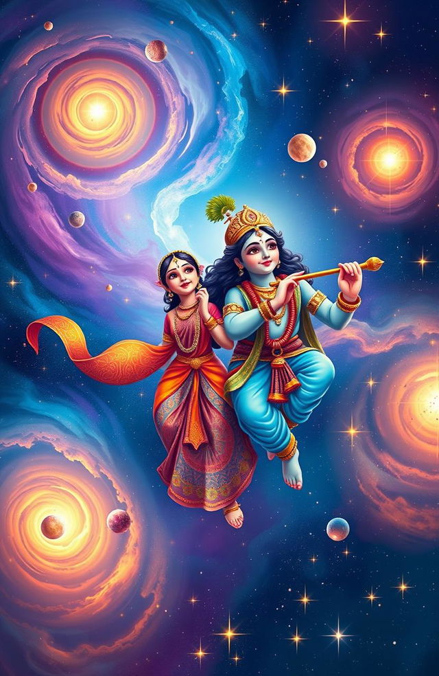 A beautiful illustration of Radha and Krishna floating in a cosmic universe filled with swirling galaxies, colorful nebulae, and sparkling stars