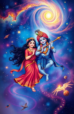 A beautiful illustration of Radha and Krishna floating in a cosmic universe filled with swirling galaxies, colorful nebulae, and sparkling stars