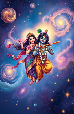 A beautiful illustration of Radha and Krishna floating in a cosmic universe filled with swirling galaxies, colorful nebulae, and sparkling stars
