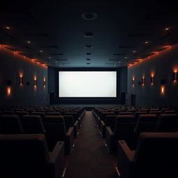 An empty cinema hall at night, showcasing spacious rows of plush seating facing a large, white movie screen at the front