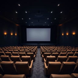 An empty cinema hall at night, showcasing spacious rows of plush seating facing a large, white movie screen at the front