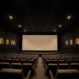 An empty cinema hall at night, showcasing spacious rows of plush seating facing a large, white movie screen at the front