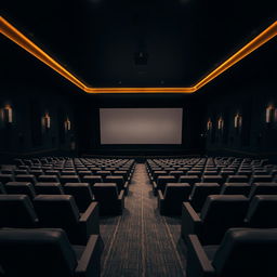 An empty cinema hall at night, showcasing spacious rows of plush seating facing a large, white movie screen at the front