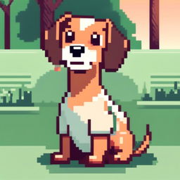 Pixel art PFP of a dashing Dachshund with a brown and cream coat, expressive brown eyes, and a playful stance against a gradient garden green background