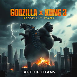 An epic poster for the 2025 movie "Godzilla x Kong 3: Age of Titans", showcasing a colossal Godzilla and a powerful Kong standing back-to-back on a shattered cityscape