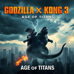 An epic poster for the 2025 movie "Godzilla x Kong 3: Age of Titans", showcasing a colossal Godzilla and a powerful Kong standing back-to-back on a shattered cityscape