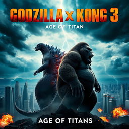 An epic poster for the 2025 movie "Godzilla x Kong 3: Age of Titans", showcasing a colossal Godzilla and a powerful Kong standing back-to-back on a shattered cityscape