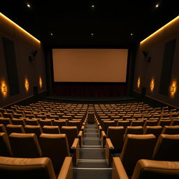 An empty cinema hall at night, featuring a slope design with rows of plush seating facing a large white movie screen at the front