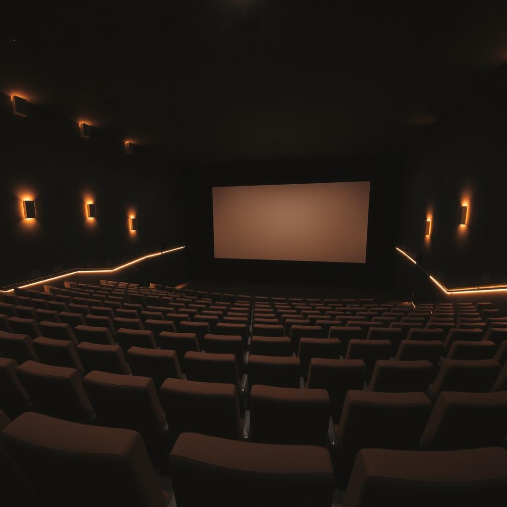 An empty cinema hall at night, featuring a slope design with rows of plush seating facing a large white movie screen at the front