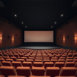 An empty cinema hall at night, featuring a slope design with rows of plush seating facing a large white movie screen at the front