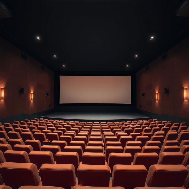 An empty cinema hall at night, featuring a slope design with rows of plush seating facing a large white movie screen at the front