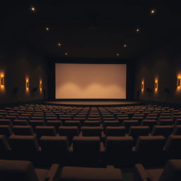 An empty cinema hall at night, featuring a slope design with rows of plush seating facing a large white movie screen at the front
