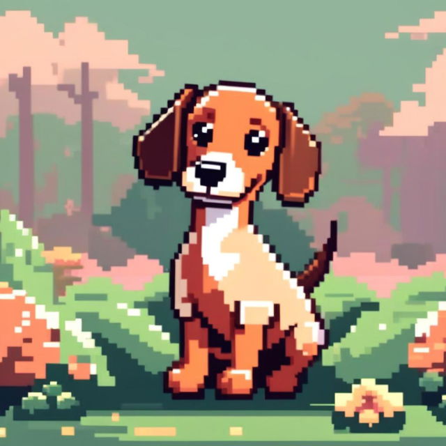 Pixel art PFP of a dashing Dachshund with a brown and cream coat, expressive brown eyes, and a playful stance against a gradient garden green background