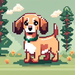 Pixel art PFP of a dashing Dachshund with a brown and cream coat, expressive brown eyes, and a playful stance against a gradient garden green background