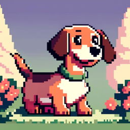 Pixel art PFP of a dashing Dachshund with a brown and cream coat, expressive brown eyes, and a playful stance against a gradient garden green background