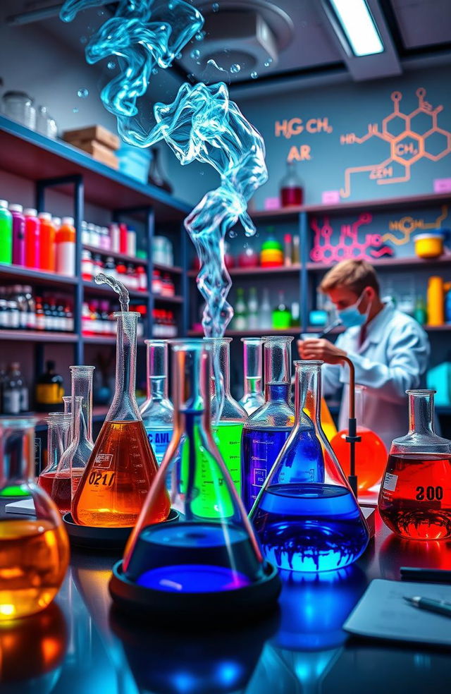 A visually stunning chemistry laboratory scene featuring various colorful chemical reactions in beakers and flasks, a bubbling distillation apparatus, and a scientist in a lab coat conducting experiments