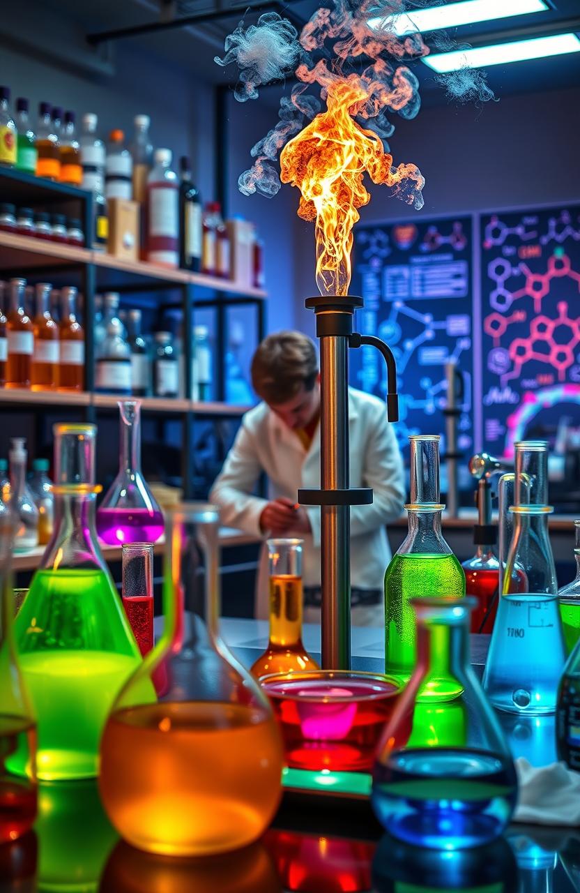 A visually stunning chemistry laboratory scene featuring various colorful chemical reactions in beakers and flasks, a bubbling distillation apparatus, and a scientist in a lab coat conducting experiments