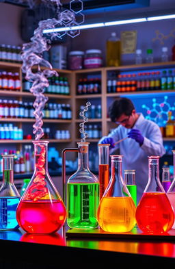 A visually stunning chemistry laboratory scene featuring various colorful chemical reactions in beakers and flasks, a bubbling distillation apparatus, and a scientist in a lab coat conducting experiments
