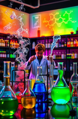 A visually stunning chemistry laboratory scene featuring various colorful chemical reactions in beakers and flasks, a bubbling distillation apparatus, and a scientist in a lab coat conducting experiments