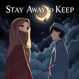 A striking anime-style book cover titled 'Stay Away to Keep' depicting the love between a veiled girl and a man, separated by religious rules