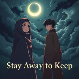 A striking anime-style book cover titled 'Stay Away to Keep' depicting the love between a veiled girl and a man, separated by religious rules