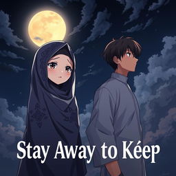 A striking anime-style book cover titled 'Stay Away to Keep' depicting the love between a veiled girl and a man, separated by religious rules
