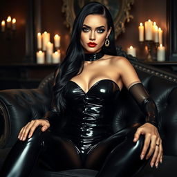 A stunning gothic woman dressed in sleek black latex, sitting elegantly on a vintage chaise lounge