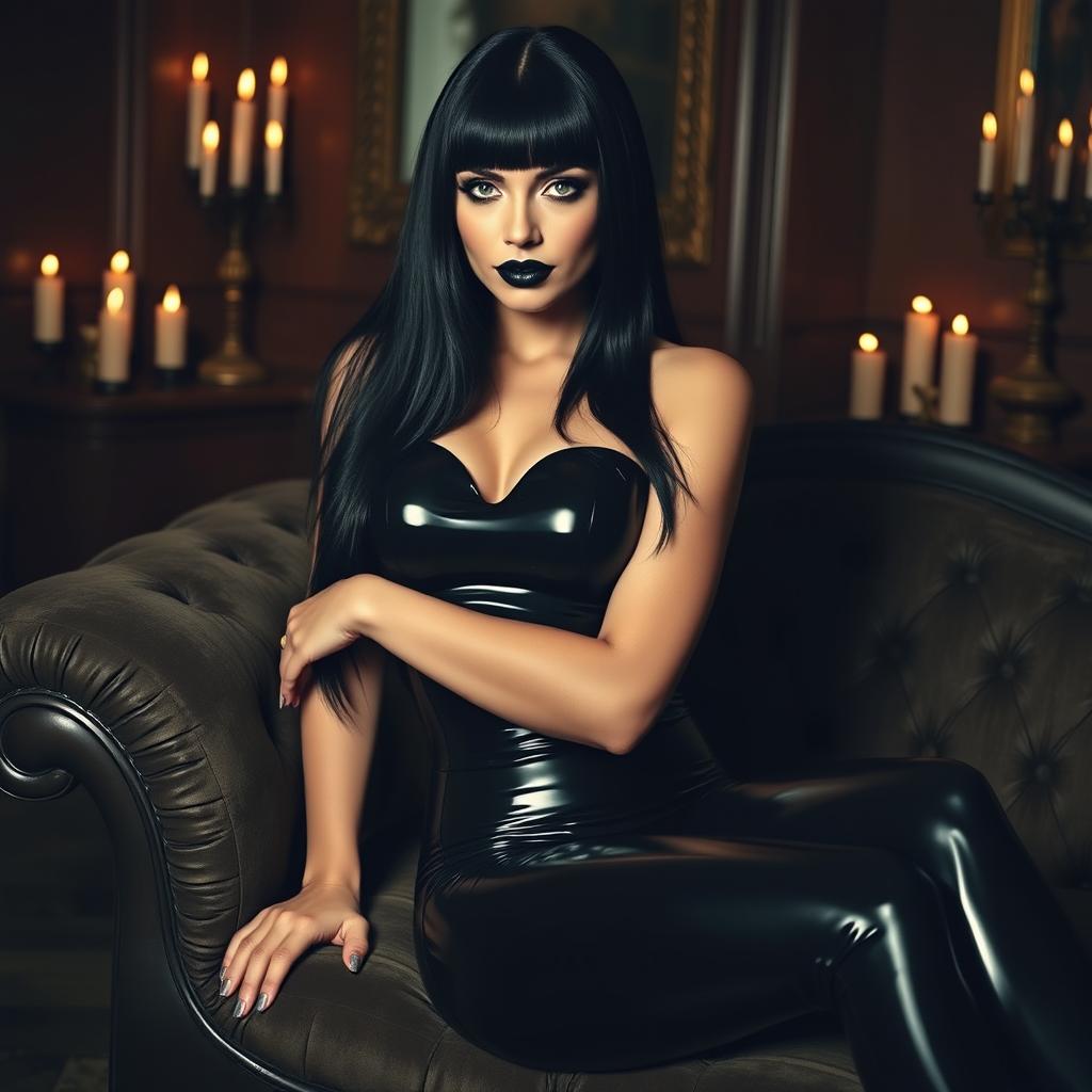 A stunning gothic woman dressed in sleek black latex, sitting elegantly on a vintage chaise lounge