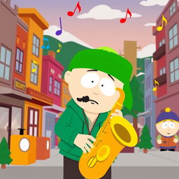 A cartoon character playing a saxophone in a style reminiscent of South Park, featuring exaggerated facial expressions and humorous oversized features