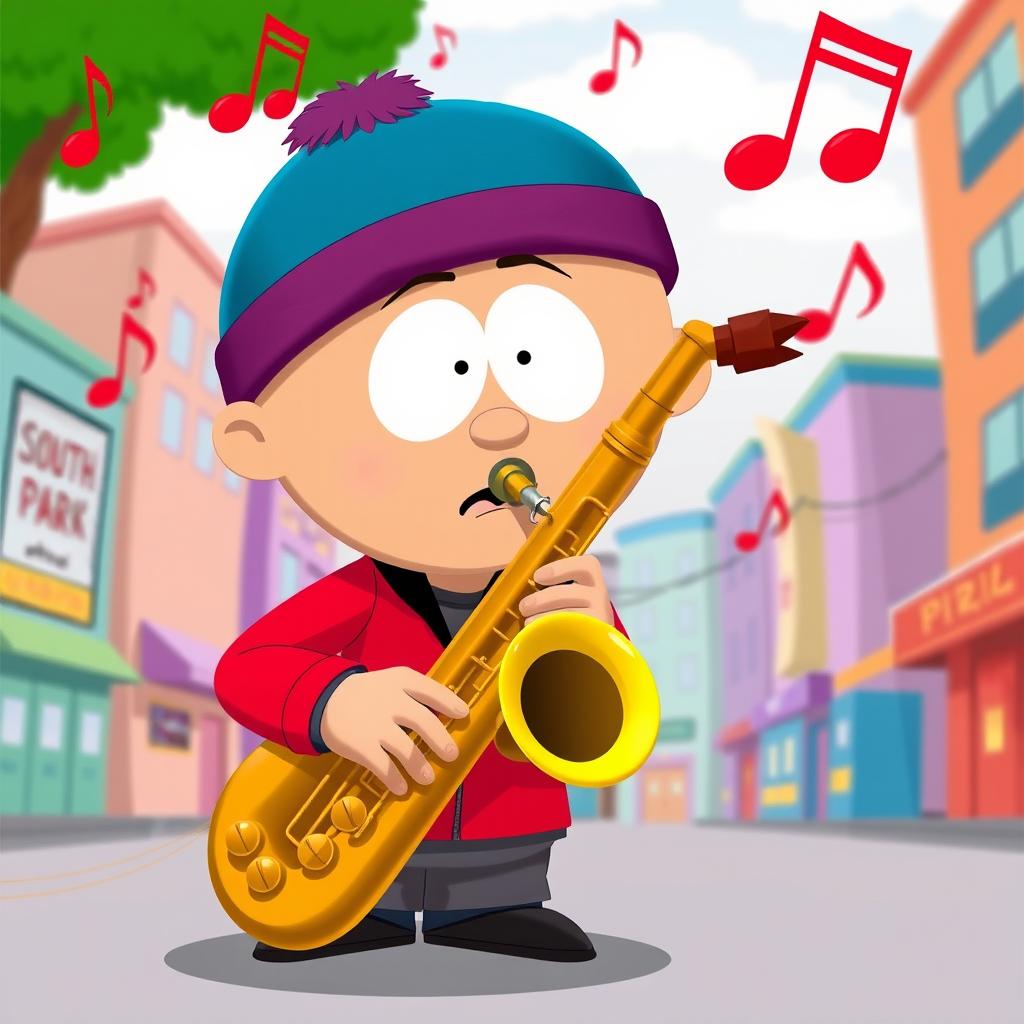 A cartoon character playing a saxophone in a style reminiscent of South Park, featuring exaggerated facial expressions and humorous oversized features