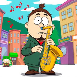 A cartoon character playing a saxophone in a style reminiscent of South Park, featuring exaggerated facial expressions and humorous oversized features